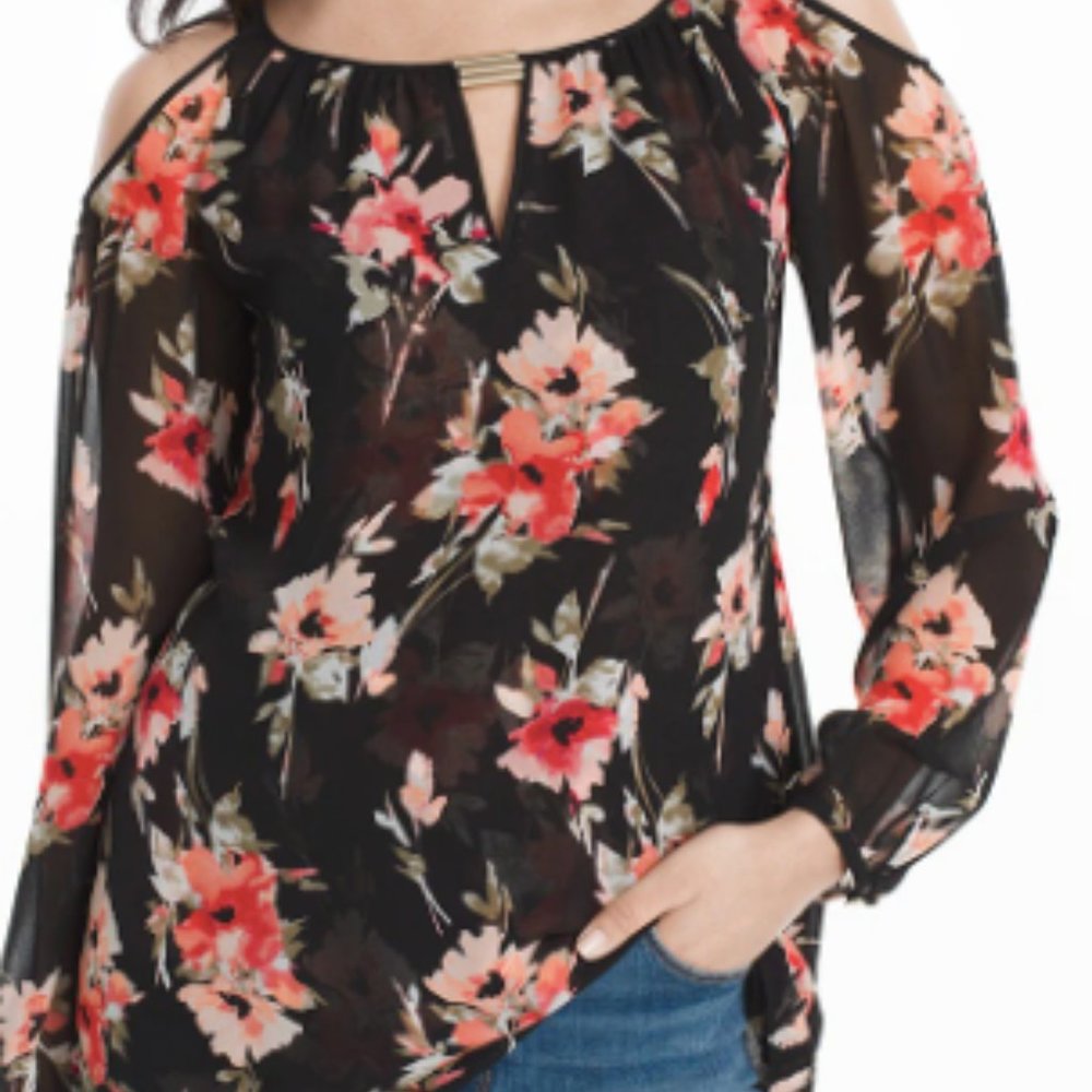 WHBM Black Floral Cold Shoulder Long Sleeve Hi-Lo Tunic